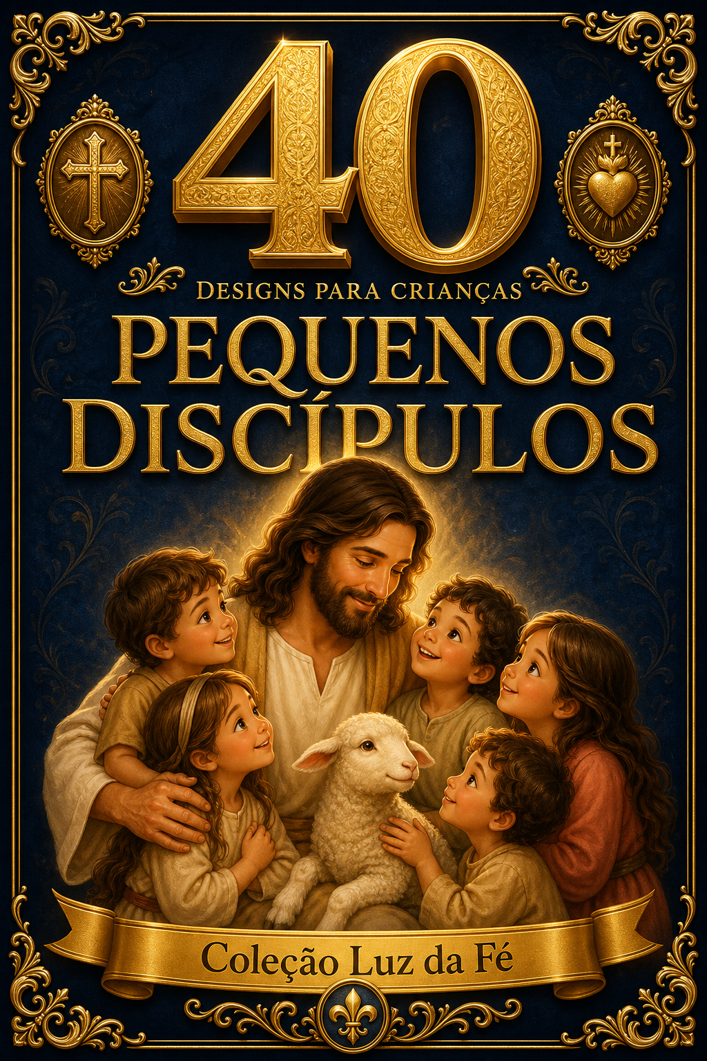Capa premium do bônus Pequenos Discípulos — 40 designs infantis para catequese.