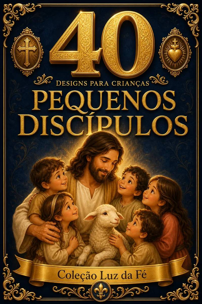 Capa premium do bônus Pequenos Discípulos — 40 designs infantis para catequese.