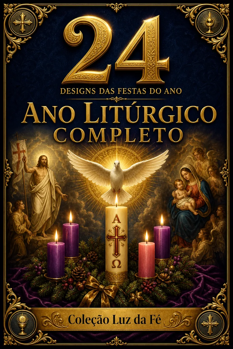 Capa premium do bônus Ano Litúrgico Completo — 24 designs das festas do ano.