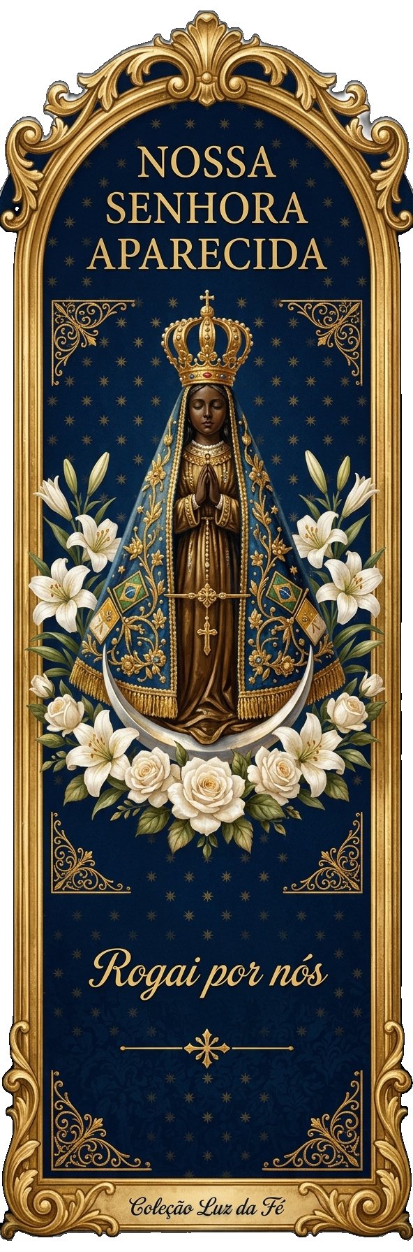 Marcador de Nossa Senhora Aparecida com moldura dourada.