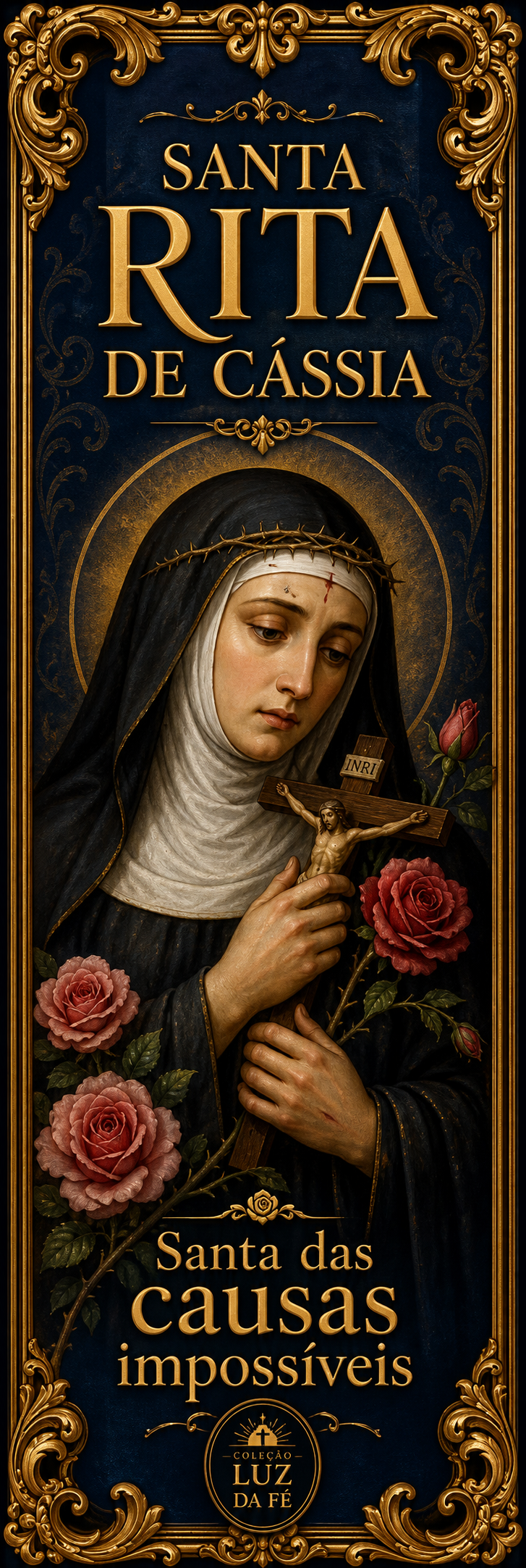 Marcador de Santa Rita de Cássia com rosas.