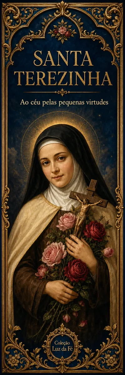 Marcador de Santa Terezinha com rosas.