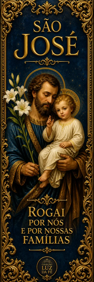 Marcador de São José com o Menino Jesus e lírio.