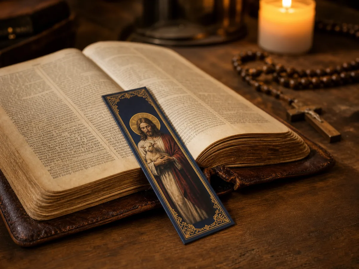 Bíblia aberta com marcador católico dourado marcando a página.